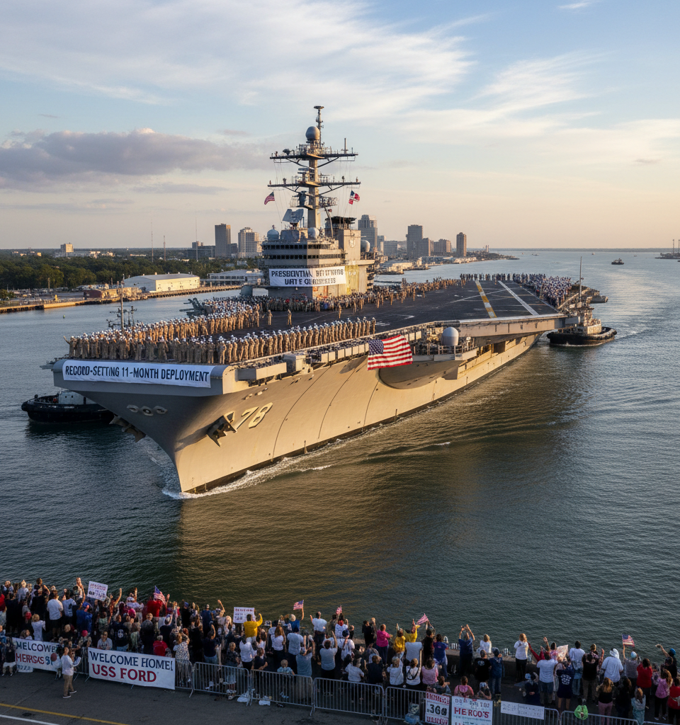 USS Ford Returns from Record-Setting 11-Month Deployment, Earning Presidential Unit Citation — AI-generated illustration