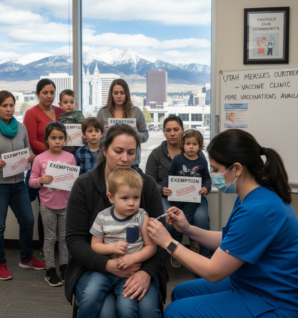 Utah Grapples with Measles Outbreak as Vaccine Exemptions Fuel Public Health Crisis — AI-generated illustration