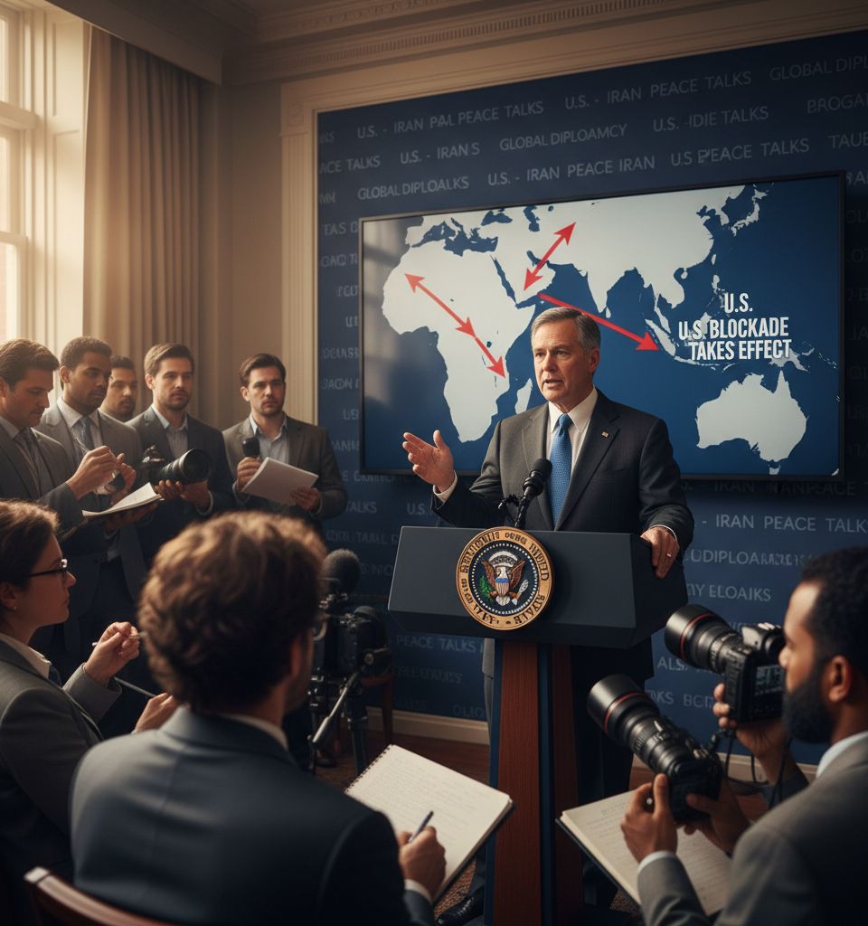Vance says 'the ball is in Iran's court' to move peace talks further, as U.S. blockade takes effect — AI-generated illustration