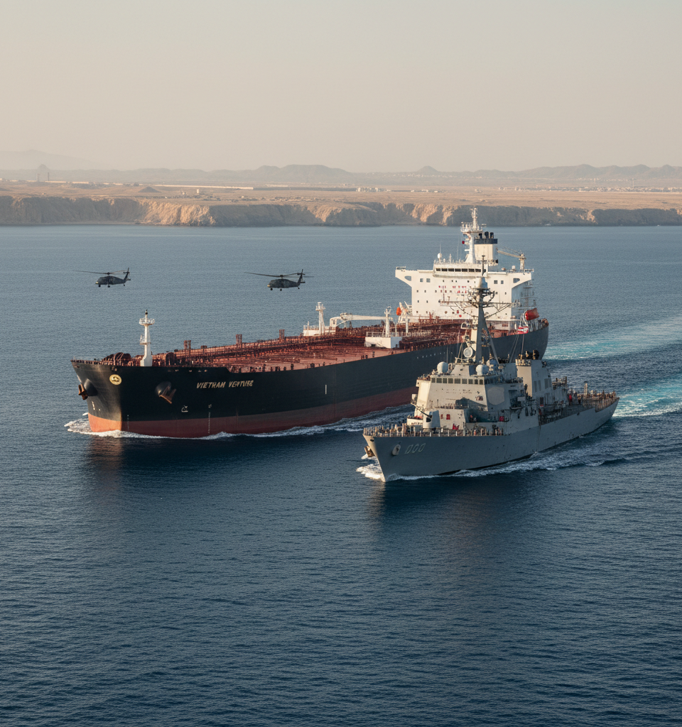 Vietnam-Bound Supertanker Resumes Journey After US Navy Intervention in Strait of Hormuz — AI-generated illustration
