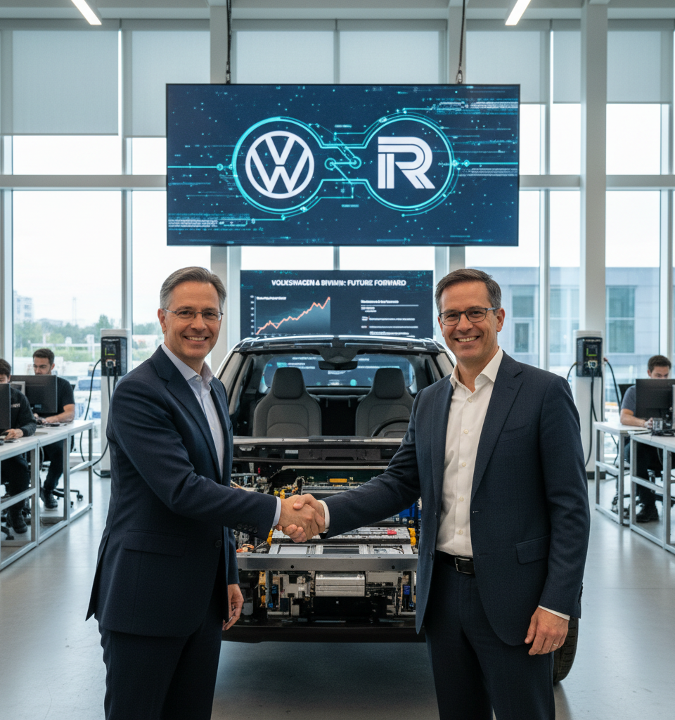 Volkswagen Invests Billions in Rivian for Software Dominance Amidst EV Battle — AI-generated illustration