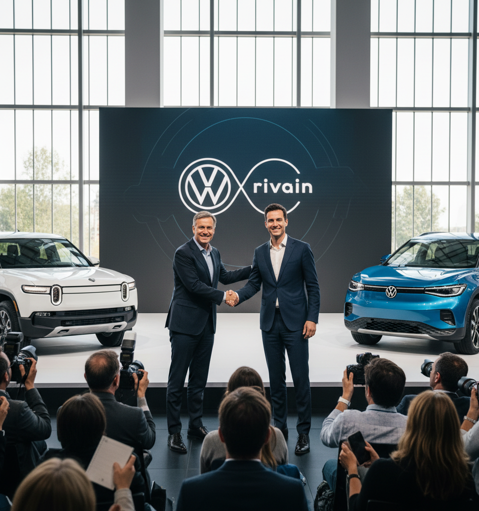 Volkswagen Surpasses Amazon as Rivian's Largest Shareholder in Landmark EV Partnership — AI-generated illustration