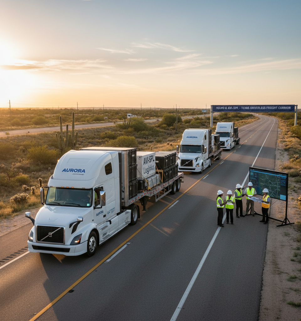 Volvo and AVI-SPL Launch Driverless Freight Corridor in Texas with Aurora-Powered Trucks — AI-generated illustration
