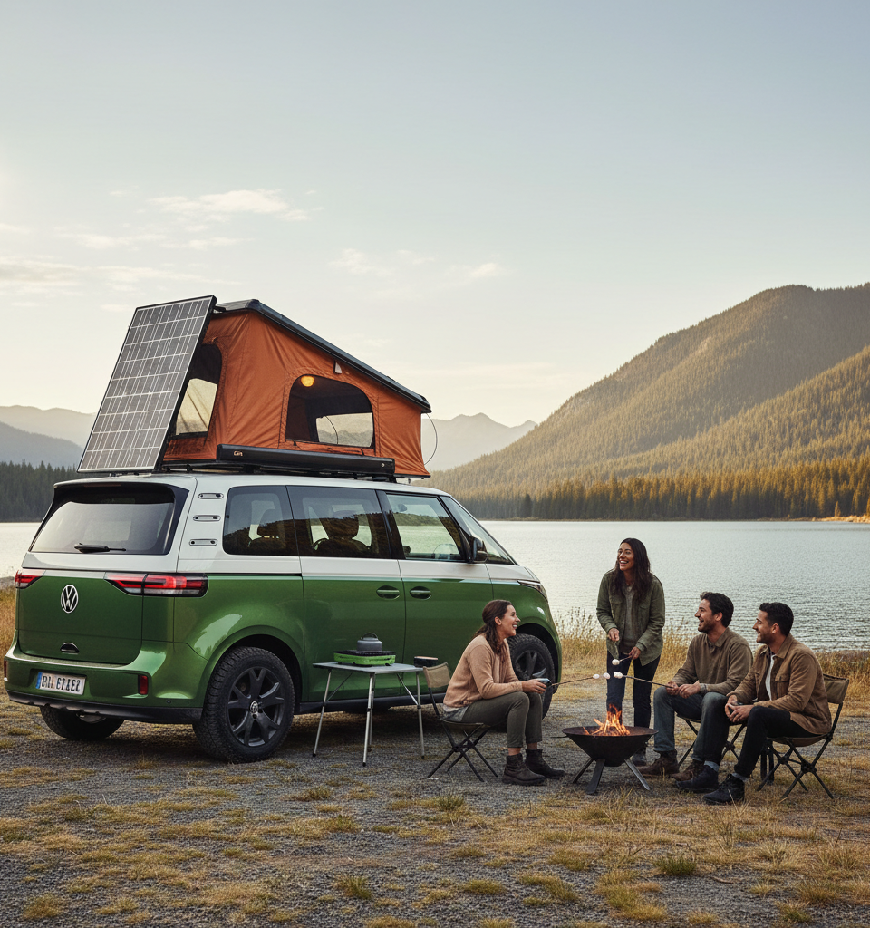 VW ID.Buzz Electrifies Camping: 2027 Model Year Introduces Adventure-Ready Tourer Trim — AI-generated illustration