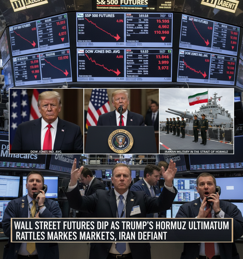 Wall Street Futures Dip as Trump's Hormuz Ultimatum Rattles Markets, Iran Defiant — AI-generated illustration