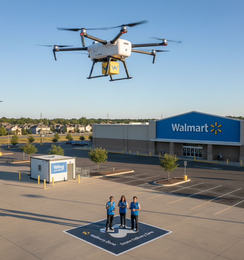 Walmart and Wing Set to Expand Drone Delivery to 7 New Markets by 2027 — AI-generated illustration