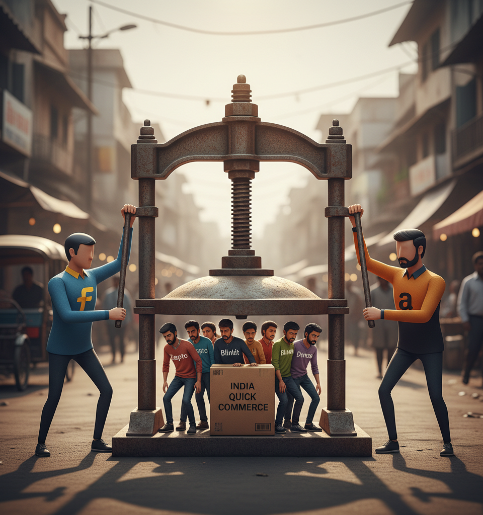 Walmart-owned Flipkart, Amazon are squeezing India’s quick commerce startups — AI-generated illustration