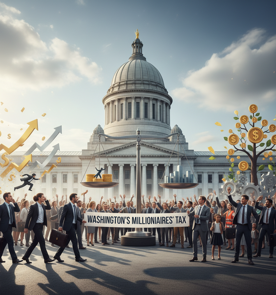 Washington's Millionaires' Tax: Will Wealthy Exodus or Economic Benefit Ensue? — AI-generated illustration