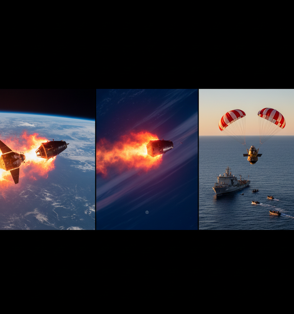 Watch the Artemis II re-entry: Separation, blackout, then splashdown — AI-generated illustration