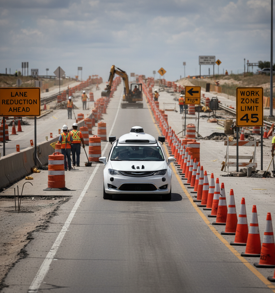 Waymo Recalls 3,871 Robotaxis Over Autonomous Driving Behavior in Highway Construction Zones — AI-generated illustration