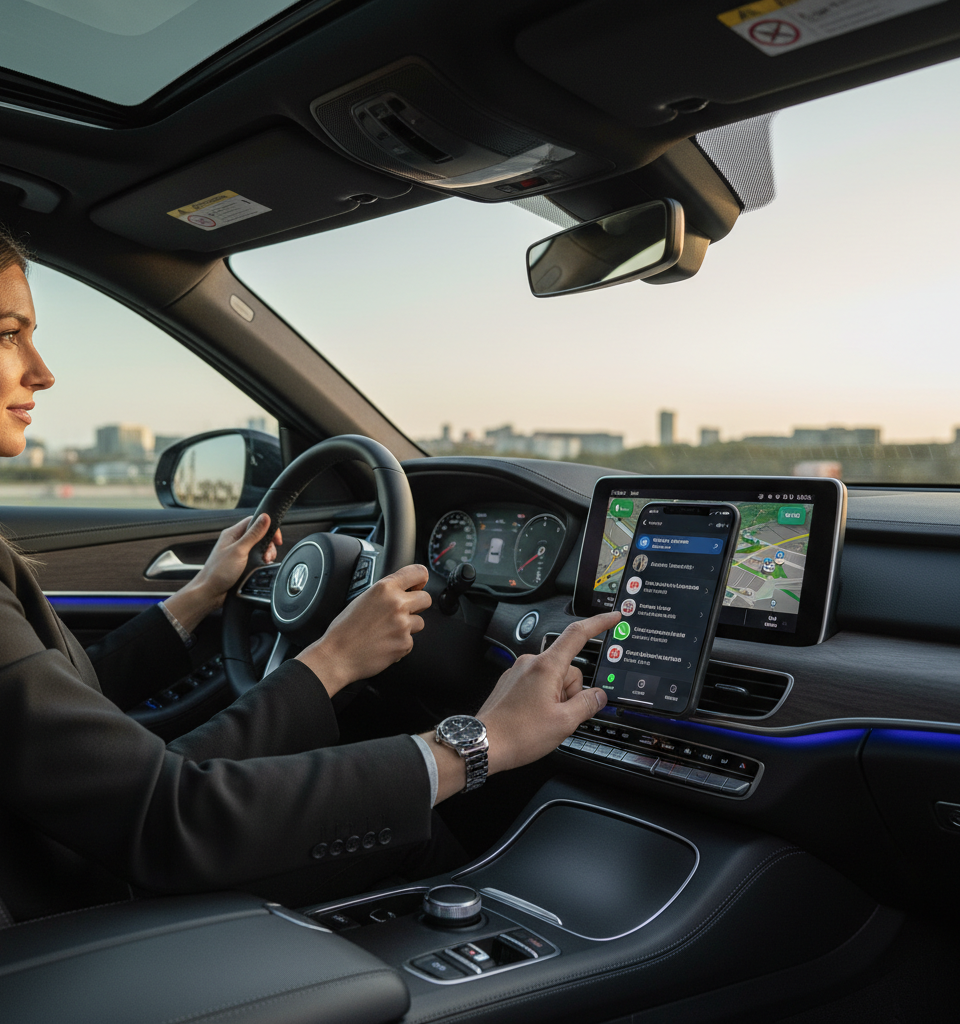 WhatsApp Elevates CarPlay Integration for iPhone Users, Enhancing In-Car Communication — AI-generated illustration