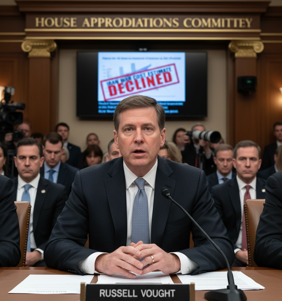 White House budget chief Russell Vought won't estimate Iran war cost in testimony — AI-generated illustration