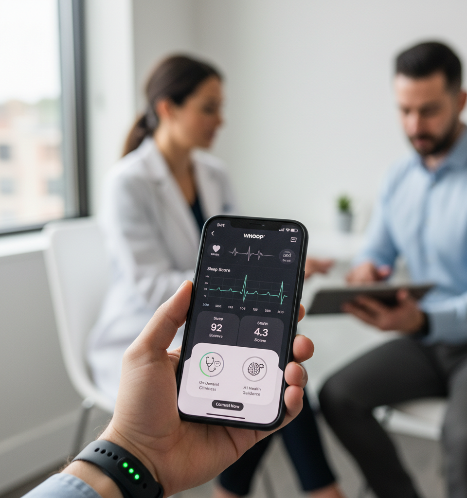 Whoop Integrates On-Demand Clinician Access and AI Health Guidance for US Members — AI-generated illustration