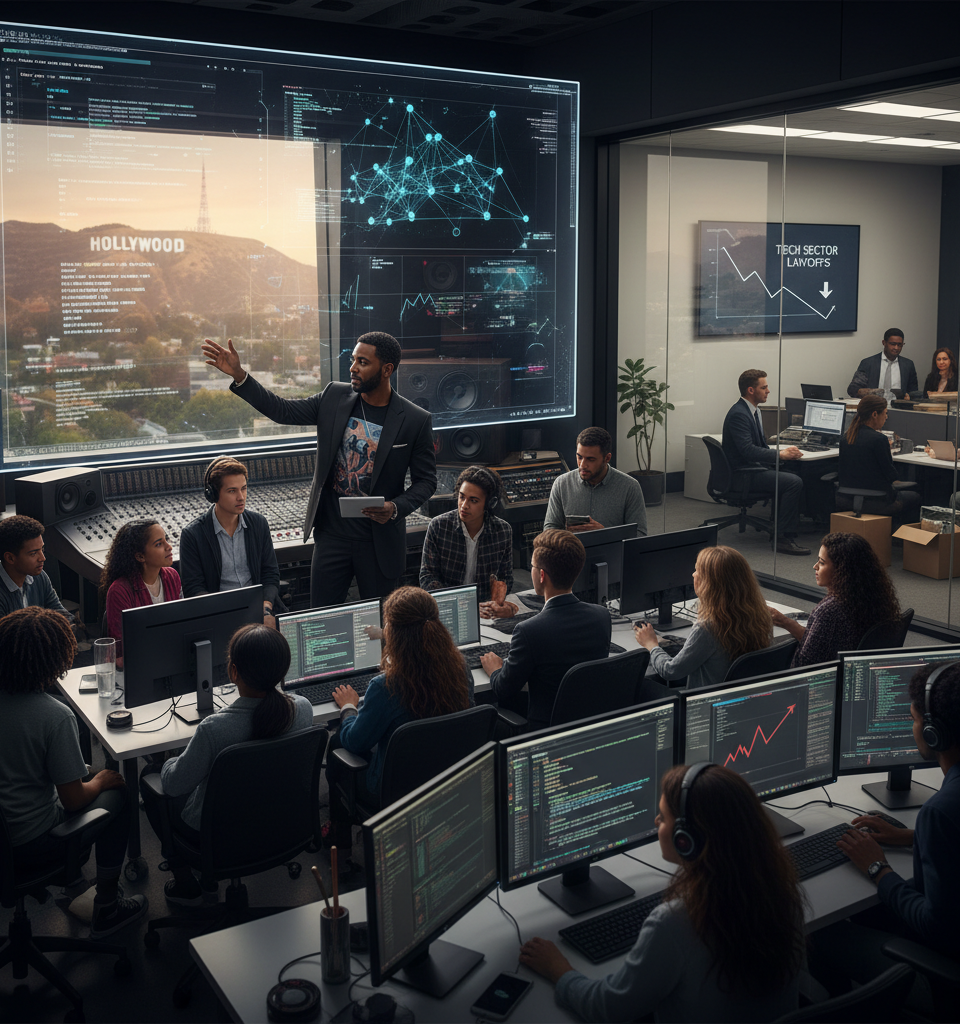 will.i.am's AI Education Initiative Contrasts with Tech Sector Layoffs Amidst Automation Surge — AI-generated illustration