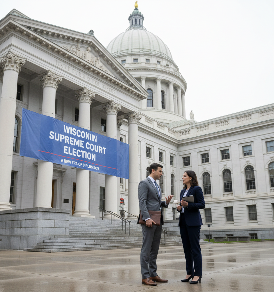 Wisconsin Supreme Court Race: A Shift Towards Quiet Diplomacy Amidst Absence of High-Profile Donors — AI-generated illustration