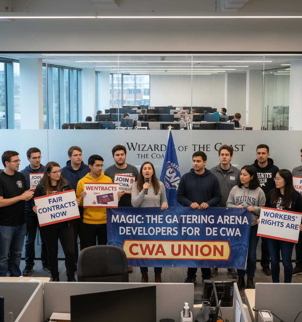 Wizards of the Coast 'Magic: The Gathering Arena' Developers Seek Unionization with CWA — AI-generated illustration