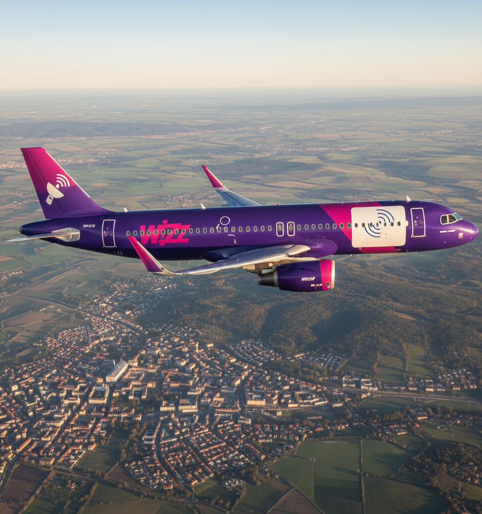 Wizz Air to pioneer Starlink connectivity, challenging budget airline Wi-Fi norms — AI-generated illustration