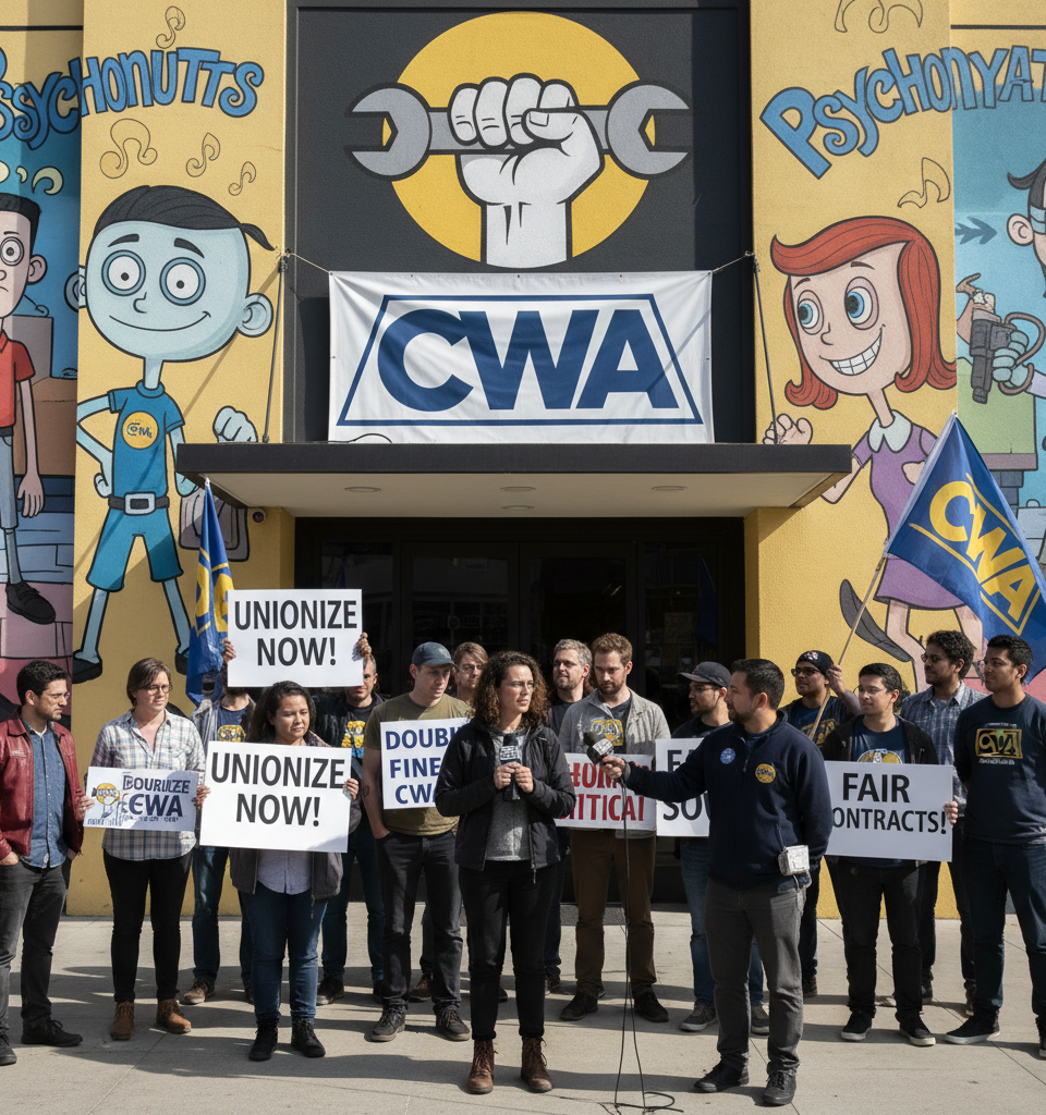Xbox Studio Double Fine Workers Move to Unionize Under CWA Banner — AI-generated illustration
