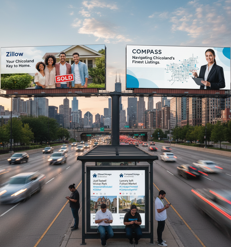 Zillow and Compass Engage in High-Stakes Chicagoland Listing Battle on Social Media and Billboards — AI-generated illustration